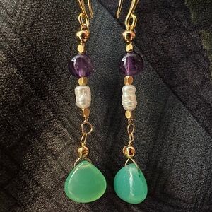 Gold, and Green Teardrop Earrings with Pearl Accents
